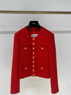 Authentic Celine Red Tweed Gold-Button Jacket